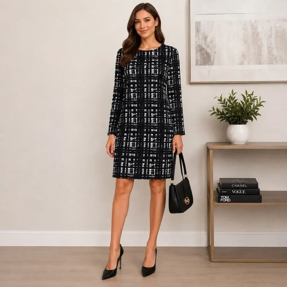 Michael Kors Day Dress Size L Black Plaid Long Sleeve Stretch Sheath Essentials